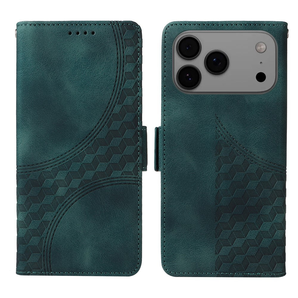 For iPhone 17 Pro Max Leather Cases Wallet Rhombus Imprinted Phone Cover Stand with Strap - Green