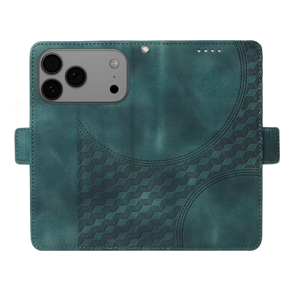 For iPhone 17 Pro Max Leather Cases Wallet Rhombus Imprinted Phone Cover Stand with Strap - Green