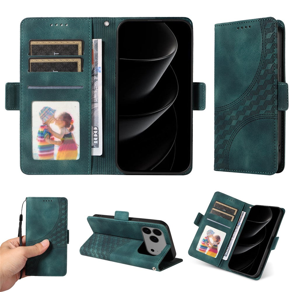 For iPhone 17 Pro Max Leather Cases Wallet Rhombus Imprinted Phone Cover Stand with Strap - Green