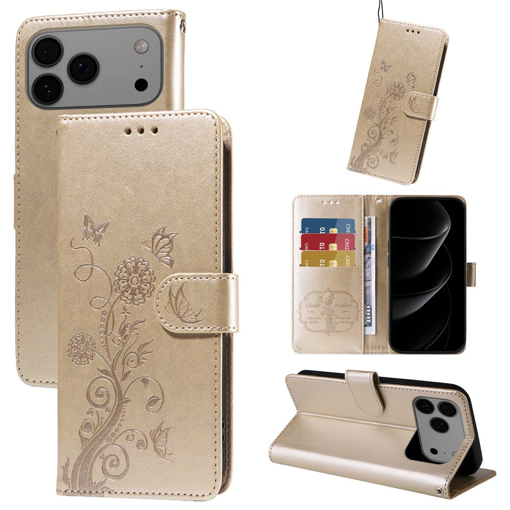 For iPhone 17 Pro Max Leather Case Butterfly Floral Imprint Wallet Stand Cover - Golden