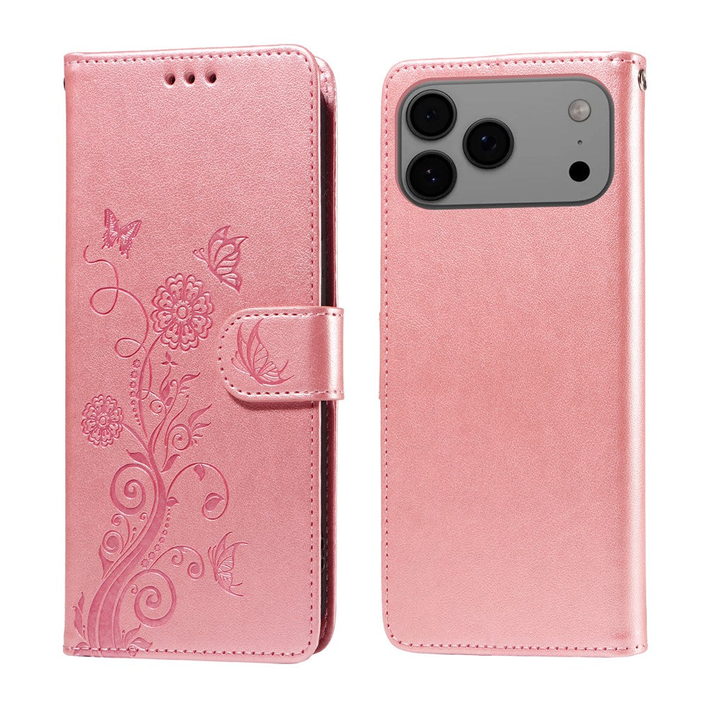 For iPhone 17 Pro Max Leather Case Butterfly Floral Imprint Wallet Stand Cover - Pink