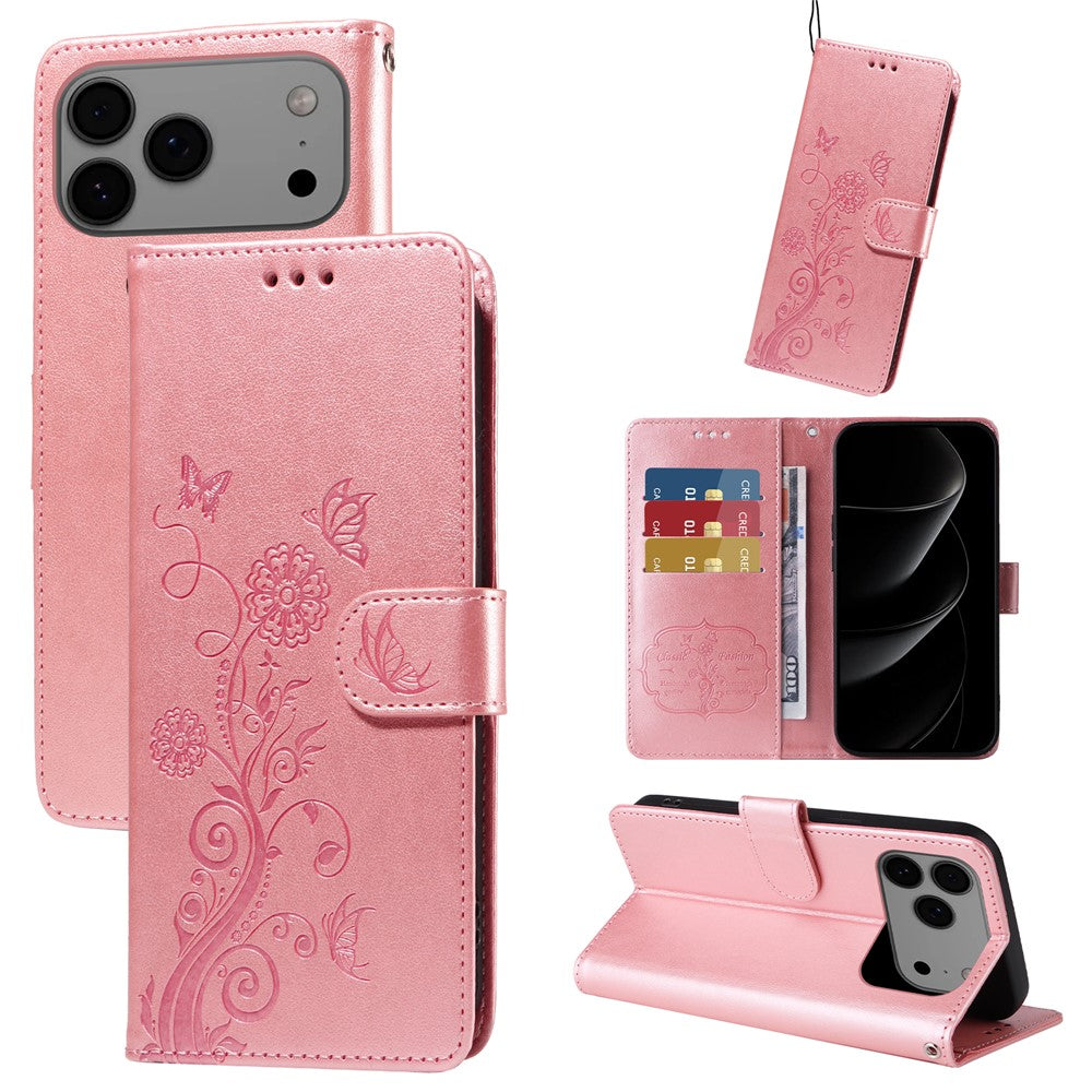 For iPhone 17 Pro Max Leather Case Butterfly Floral Imprint Wallet Stand Cover - Pink