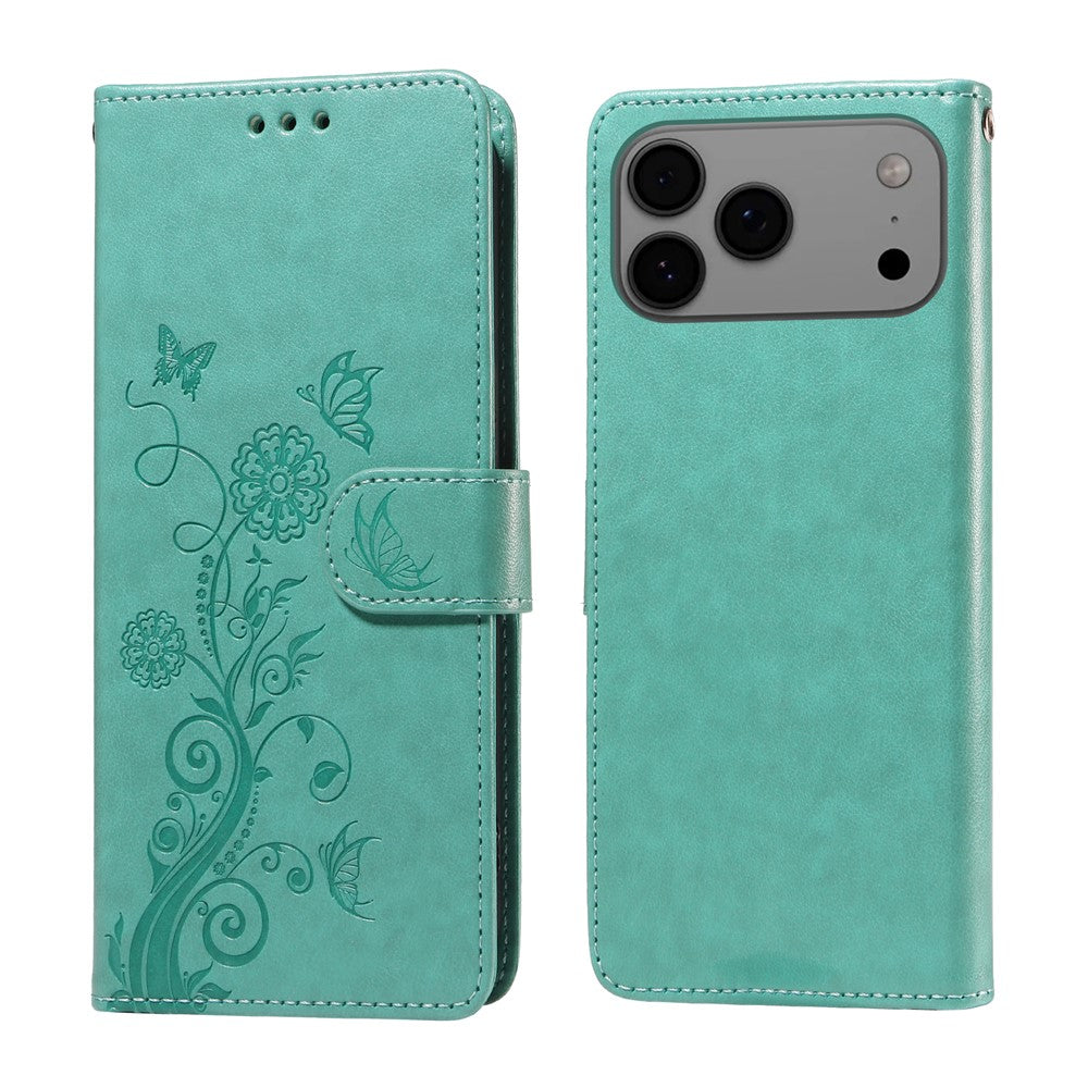 For iPhone 17 Pro Max Leather Case Butterfly Floral Imprint Wallet Stand Cover - Green