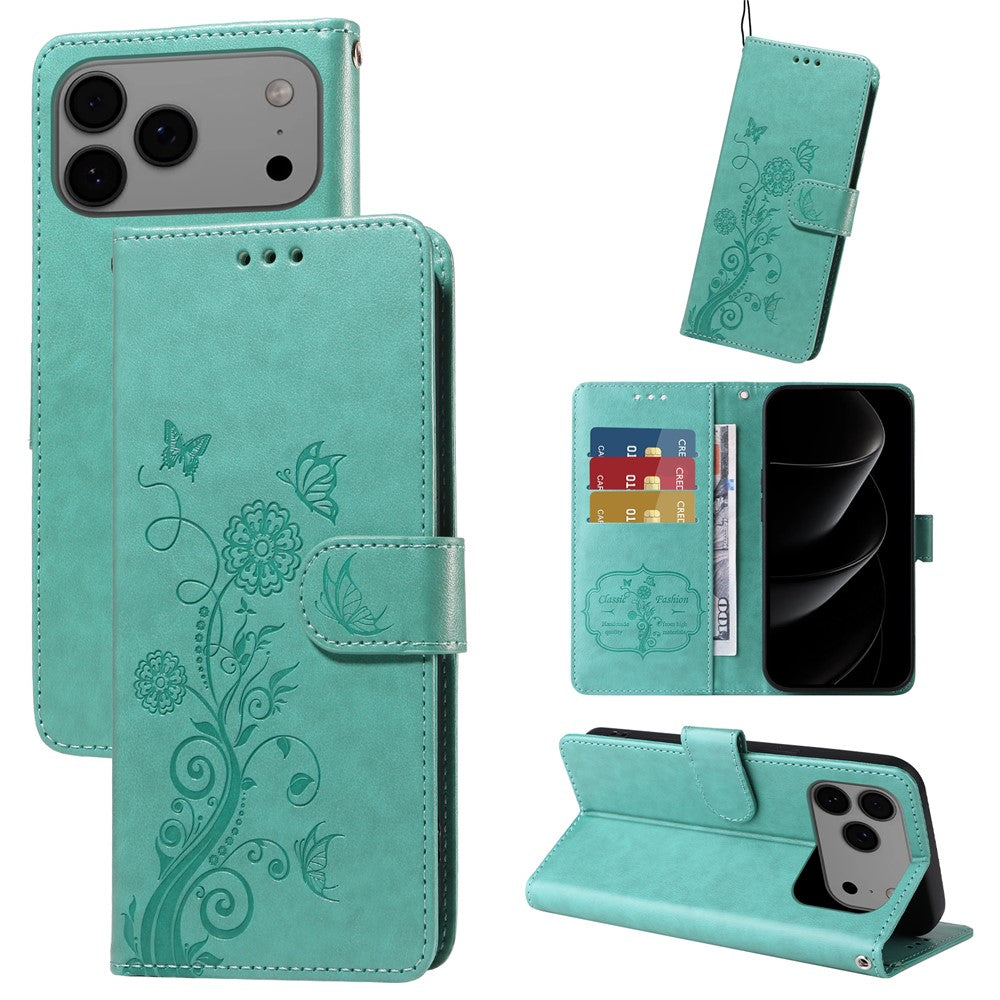 For iPhone 17 Pro Max Leather Case Butterfly Floral Imprint Wallet Stand Cover - Green