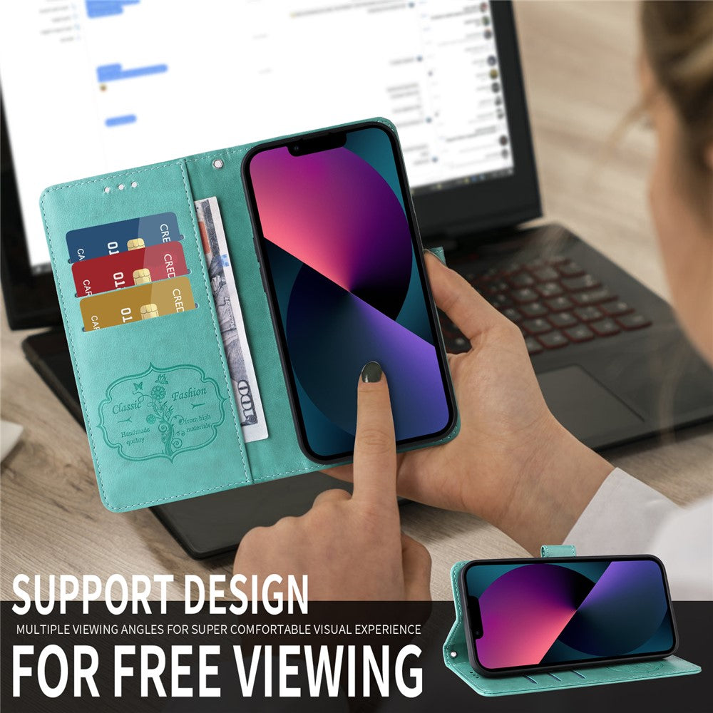 For iPhone 17 Pro Max Leather Case Butterfly Floral Imprint Wallet Stand Cover - Green