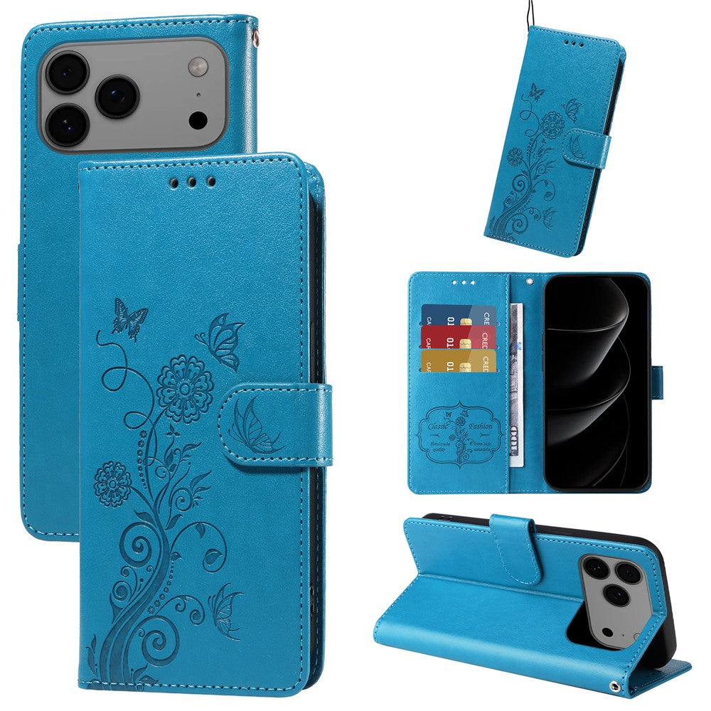 For iPhone 17 Pro Max Leather Case Butterfly Floral Imprint Wallet Stand Cover - Blue