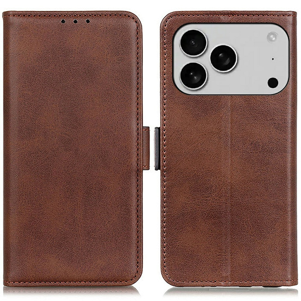 For iPhone 17 Pro Max Case Stand Cowhide Texture PU Leather Phone Cover - Brown