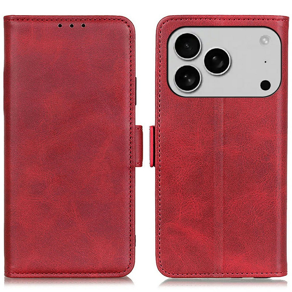 For iPhone 17 Pro Max Case Stand Cowhide Texture PU Leather Phone Cover - Red