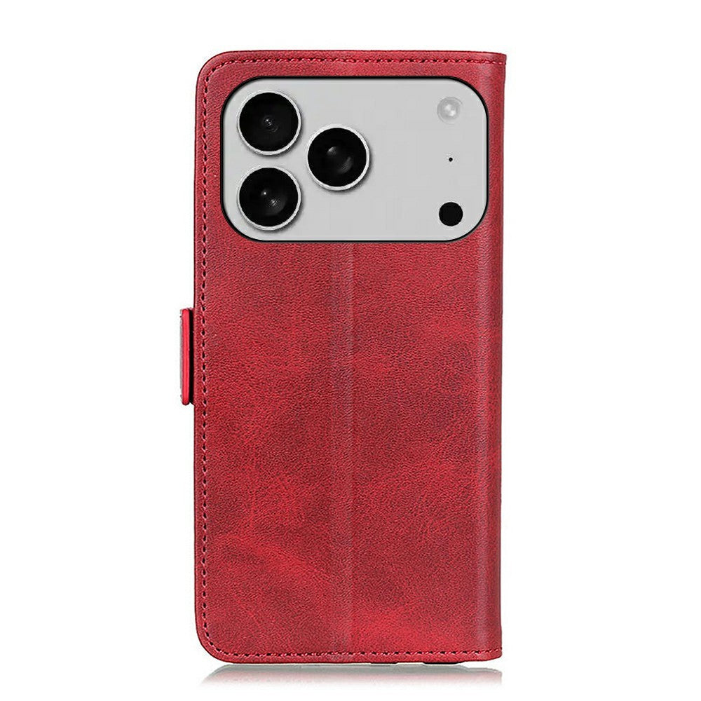 For iPhone 17 Pro Max Case Stand Cowhide Texture PU Leather Phone Cover - Red