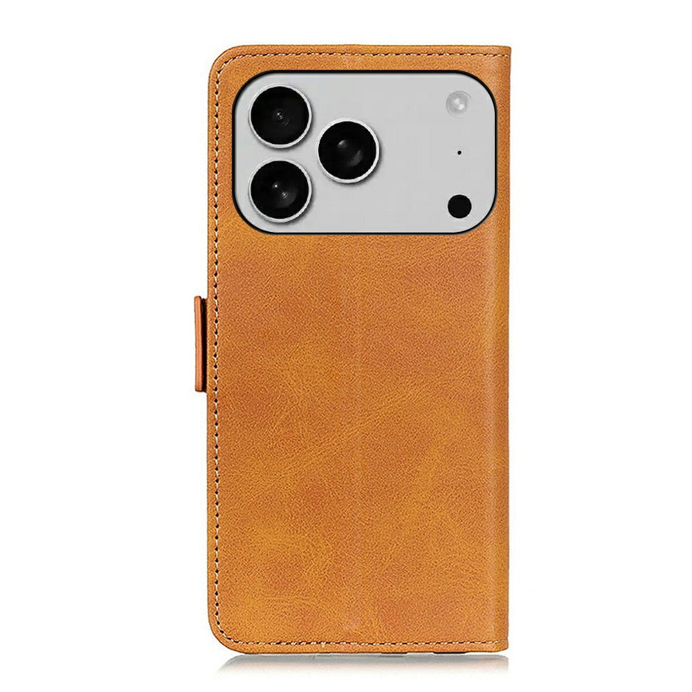 For iPhone 17 Pro Max Case Stand Cowhide Texture PU Leather Phone Cover - Yellow