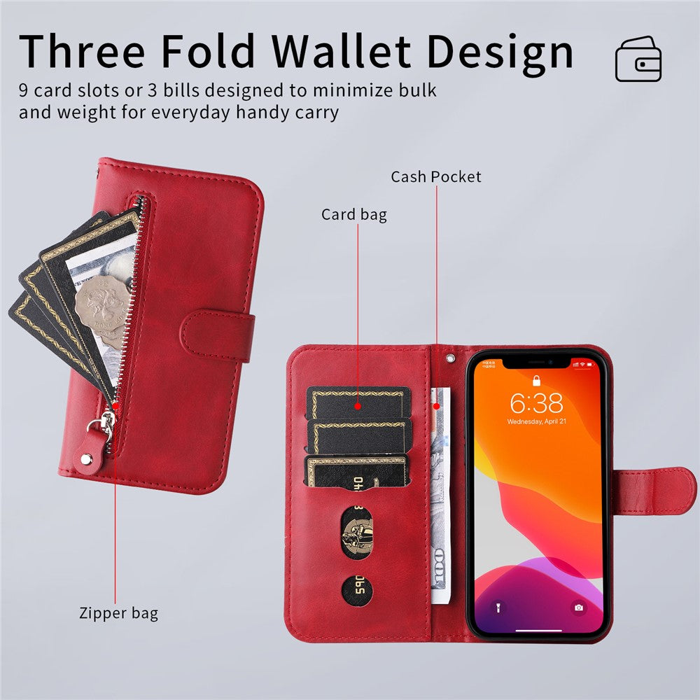 For iPhone 17 Pro Max PU Leather Cases with Zipper Pocket Wallet Phone Cover Stand - Red