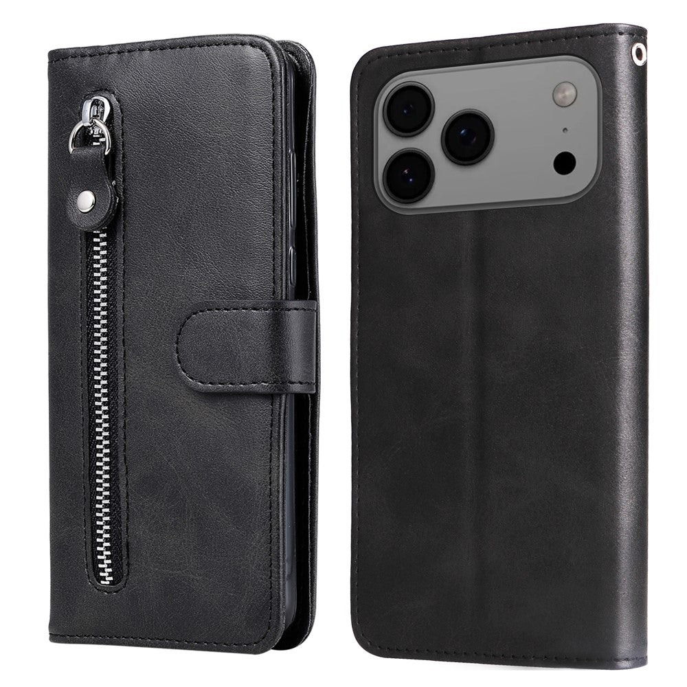 For iPhone 17 Pro Max PU Leather Cases with Zipper Pocket Wallet Phone Cover Stand - Black