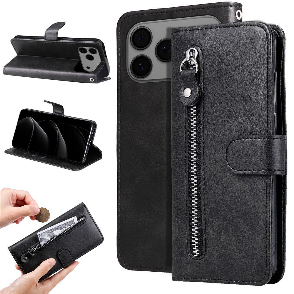 For iPhone 17 Pro Max PU Leather Cases with Zipper Pocket Wallet Phone Cover Stand - Black