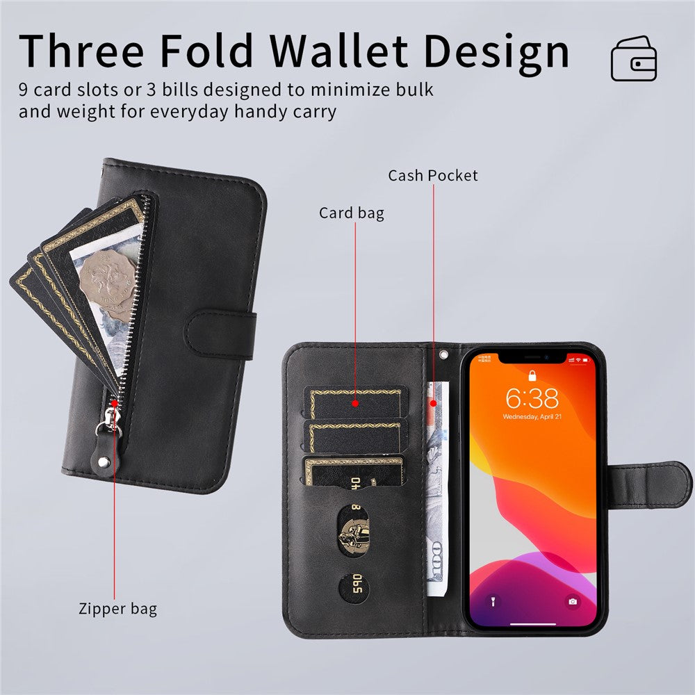 For iPhone 17 Pro Max PU Leather Cases with Zipper Pocket Wallet Phone Cover Stand - Black