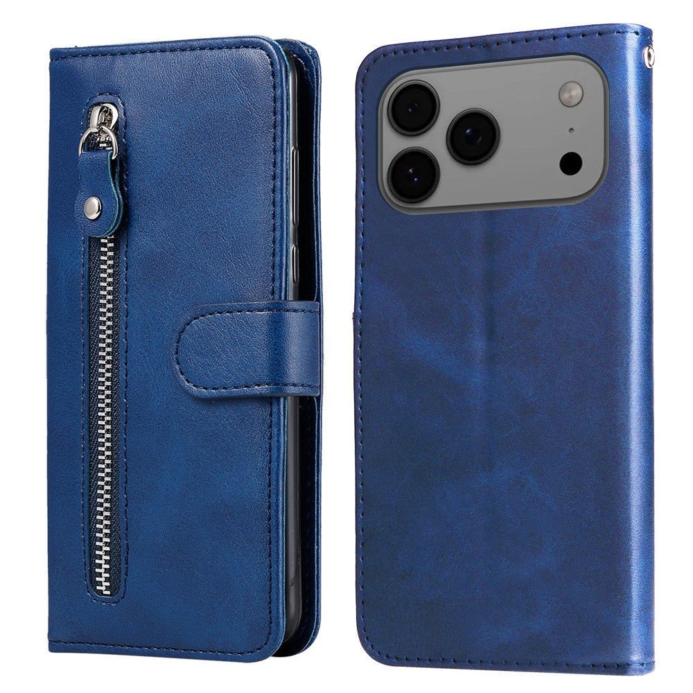 For iPhone 17 Pro Max PU Leather Cases with Zipper Pocket Wallet Phone Cover Stand - Blue