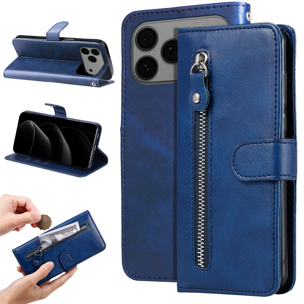 For iPhone 17 Pro Max PU Leather Cases with Zipper Pocket Wallet Phone Cover Stand - Blue