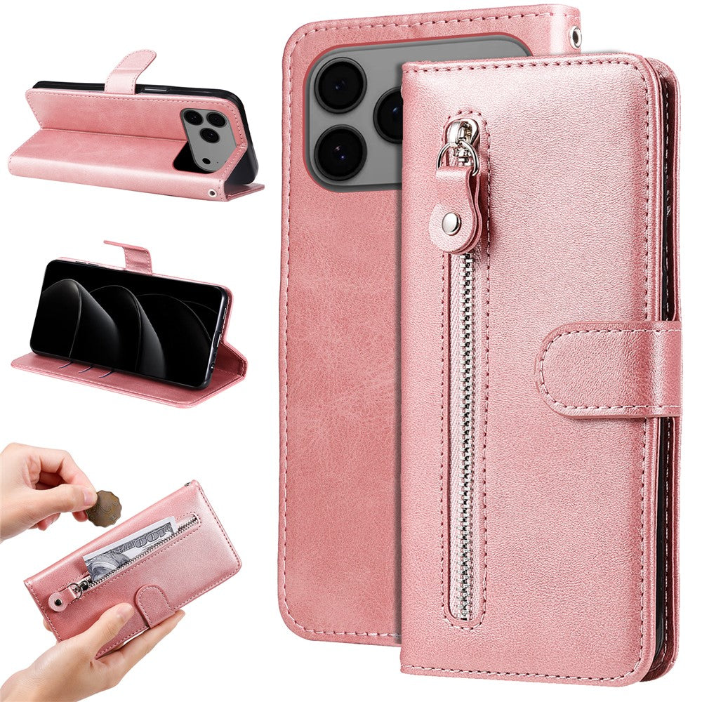 For iPhone 17 Pro Max PU Leather Cases with Zipper Pocket Wallet Phone Cover Stand - Pink