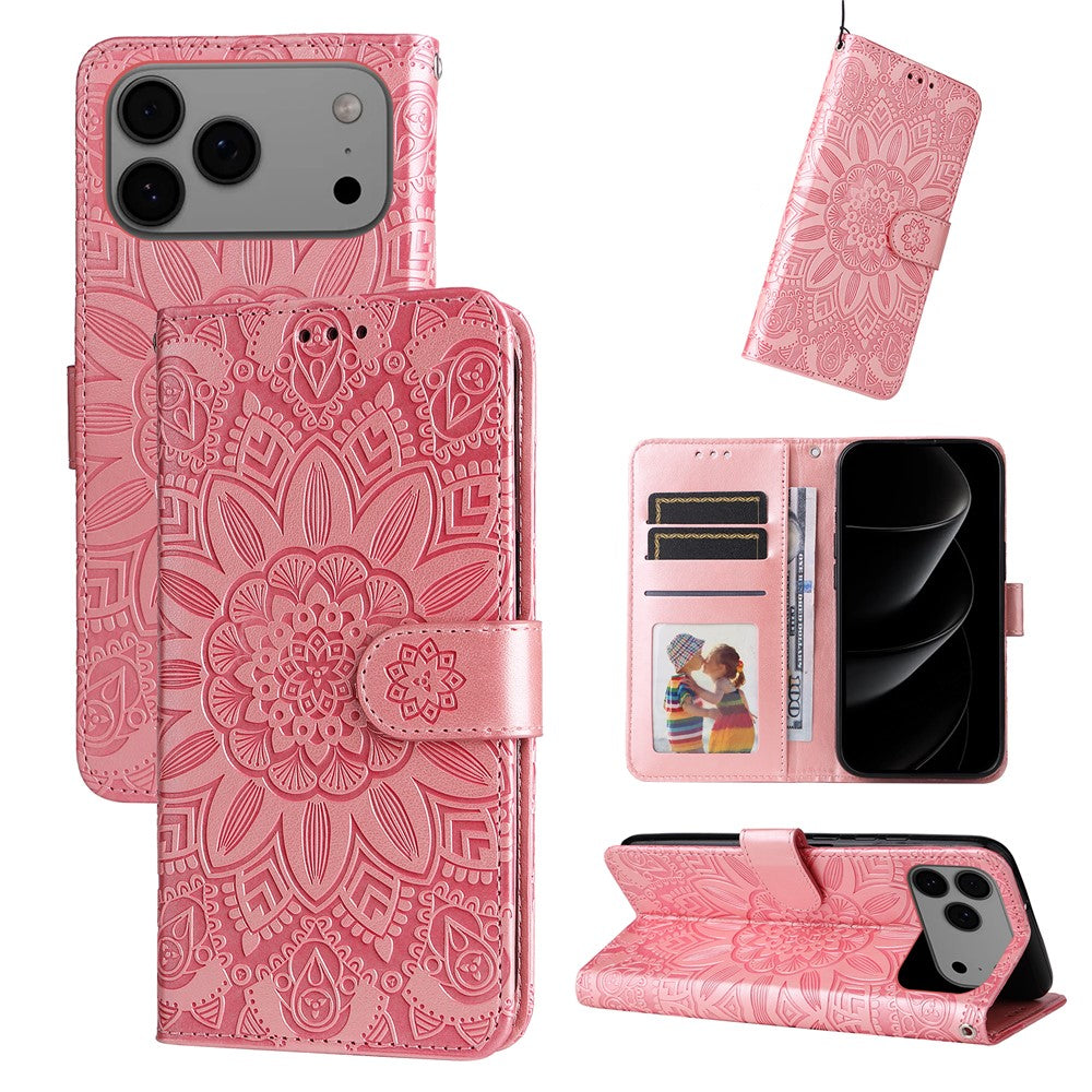 For iPhone 17 Pro Max Case Sunflower Imprint Leather Wallet Phone Cover - Pink