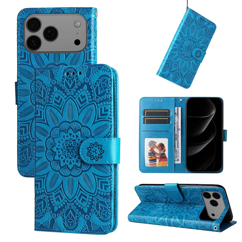 For iPhone 17 Pro Max Case Sunflower Imprint Leather Wallet Phone Cover - Blue