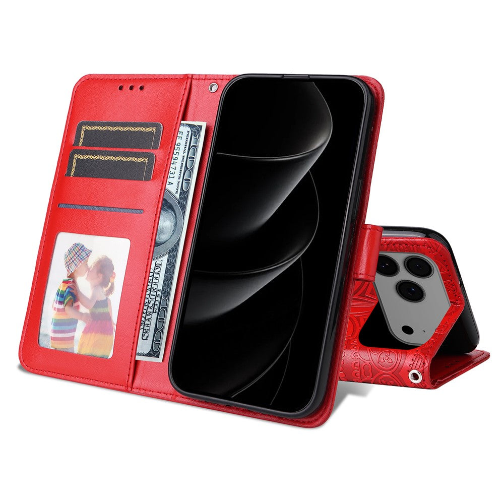 For iPhone 17 Pro Max Case Sunflower Imprint Leather Wallet Phone Cover - Red