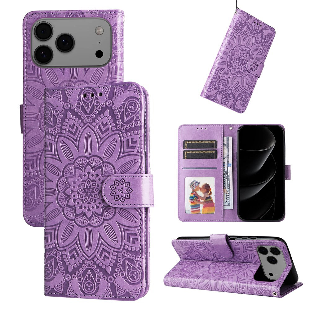 For iPhone 17 Pro Max Case Sunflower Imprint Leather Wallet Phone Cover - Purple