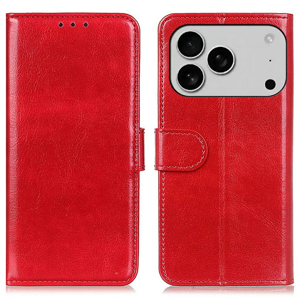 For iPhone 17 Pro Max Case Crazy Horse Texture PU Leather Phone Stand Cover - Red