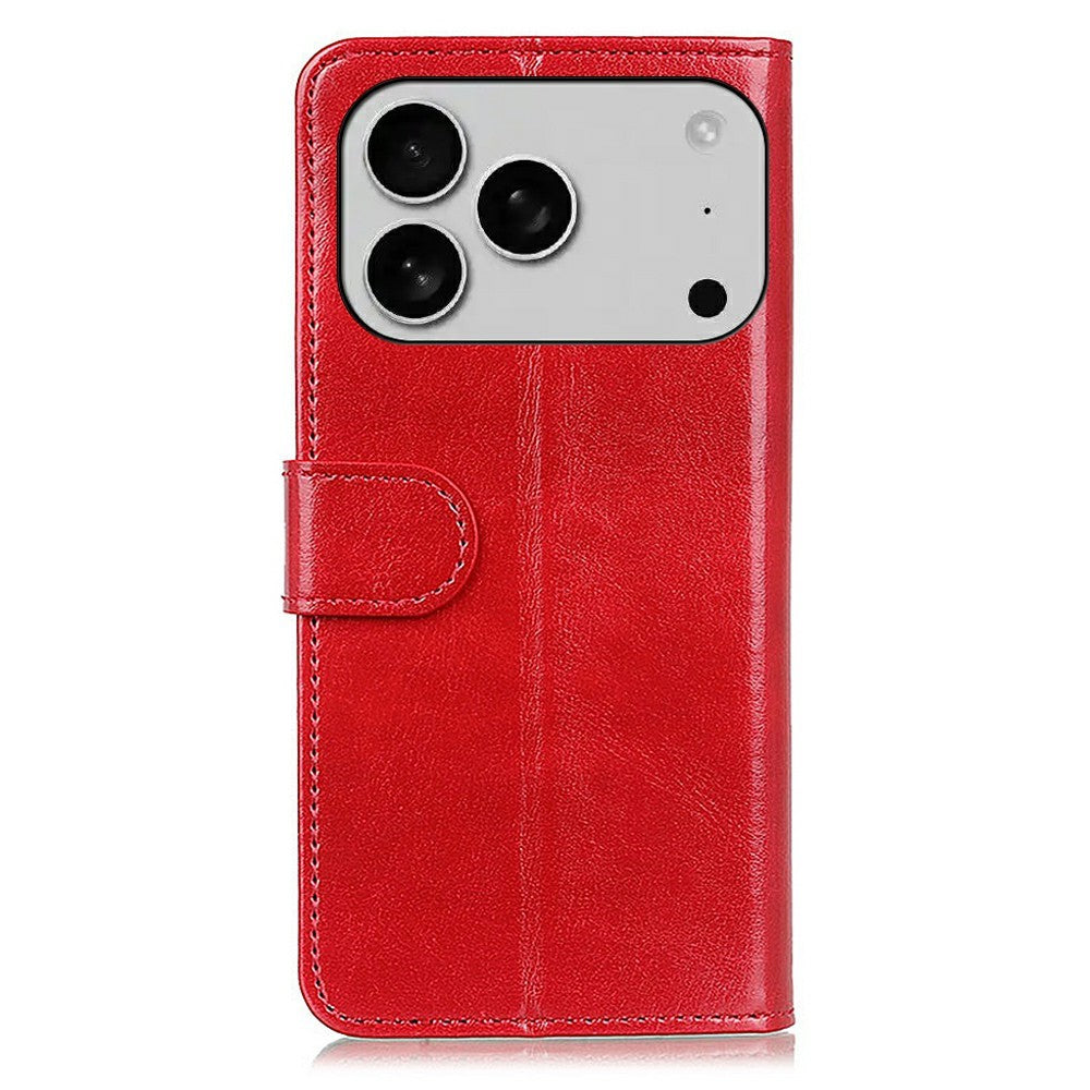 For iPhone 17 Pro Max Case Crazy Horse Texture PU Leather Phone Stand Cover - Red