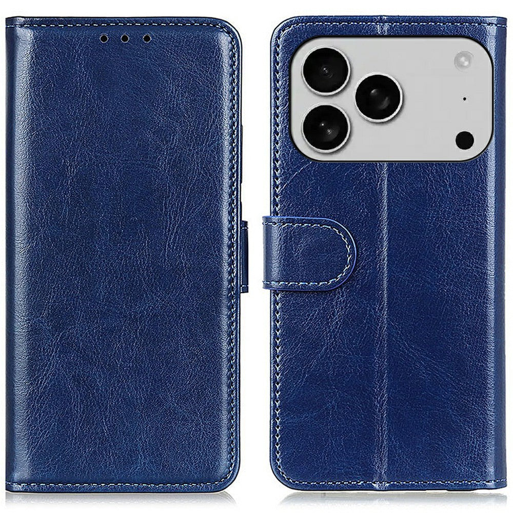 For iPhone 17 Pro Max Case Crazy Horse Texture PU Leather Phone Stand Cover - Blue