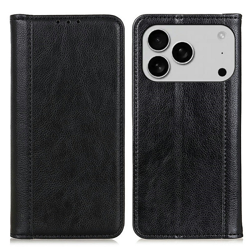 For iPhone 17 Pro Max Stand Case Split Leather Litchi Texture Wallet Phone Cover - Black
