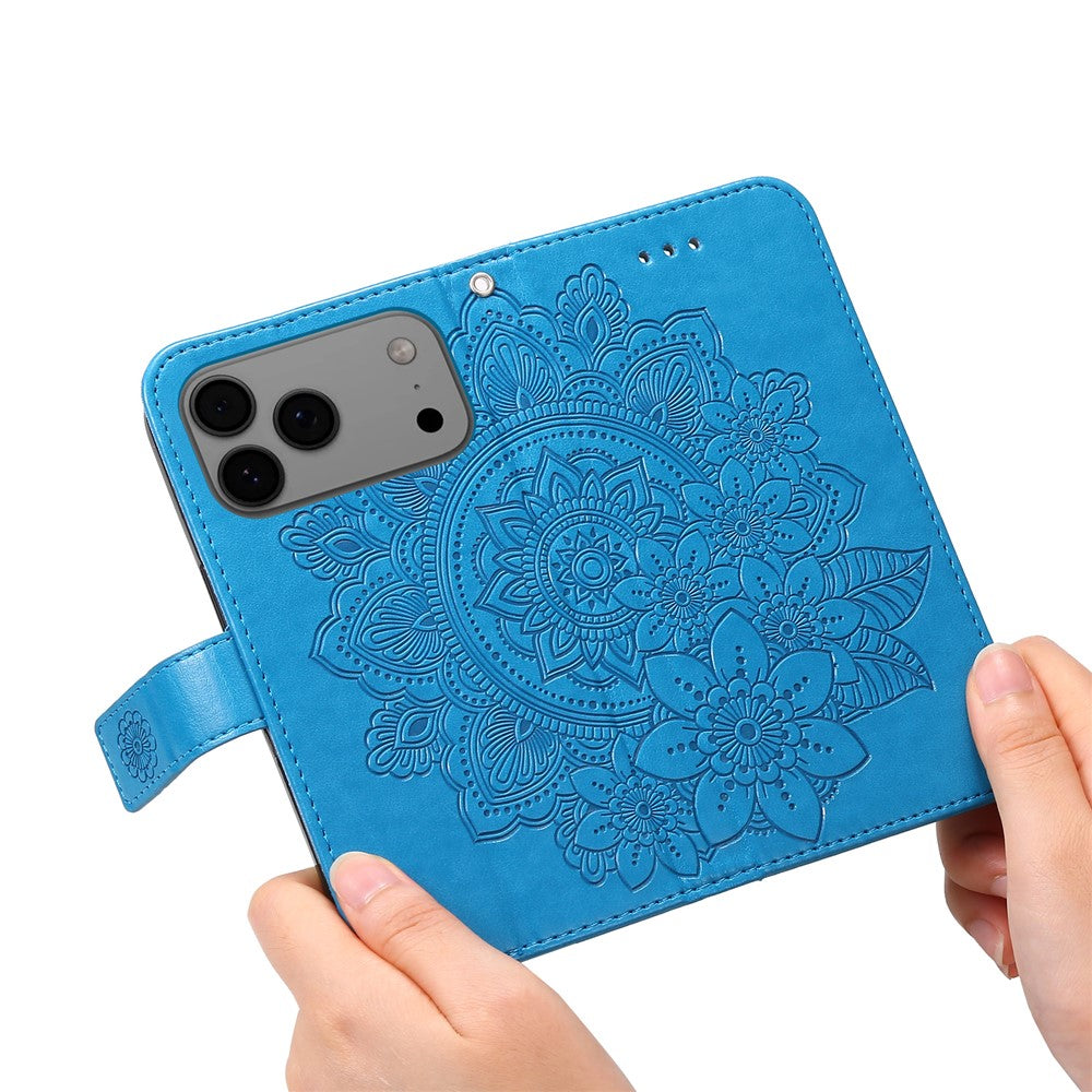 For iPhone 17 Pro Max Case Floral Pattern PU Leather Wallet Stand Phone Cover - Blue