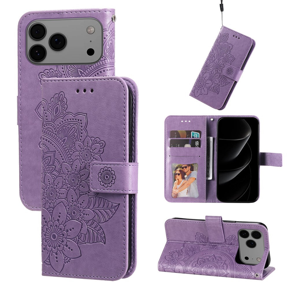 For iPhone 17 Pro Max Case Floral Pattern PU Leather Wallet Stand Phone Cover - Purple