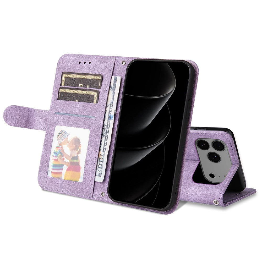 For iPhone 17 Pro Max Leather Wallet Cases Skin Touch Phone Cover Stand with Strap - Purple