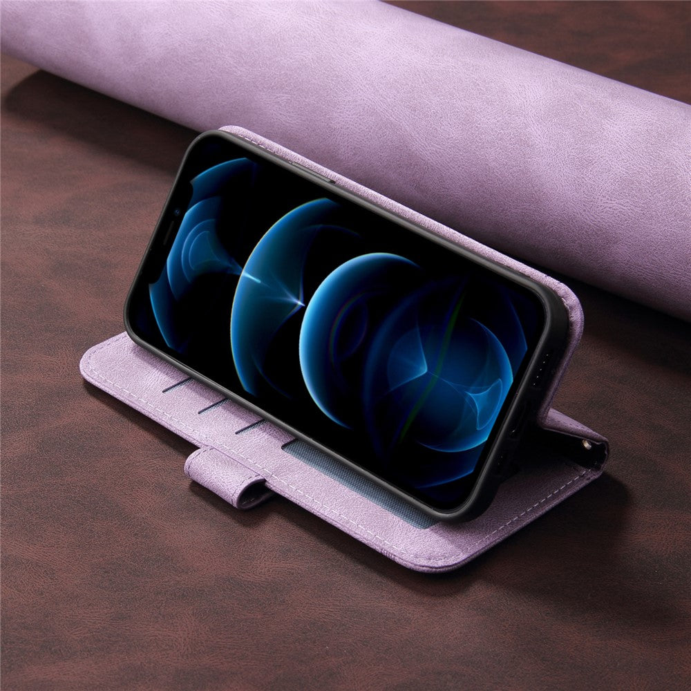 For iPhone 17 Pro Max Leather Wallet Cases Skin Touch Phone Cover Stand with Strap - Purple