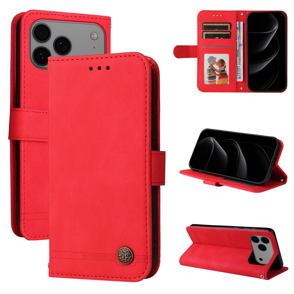 For iPhone 17 Pro Max Leather Wallet Cases Skin Touch Phone Cover Stand with Strap - Red