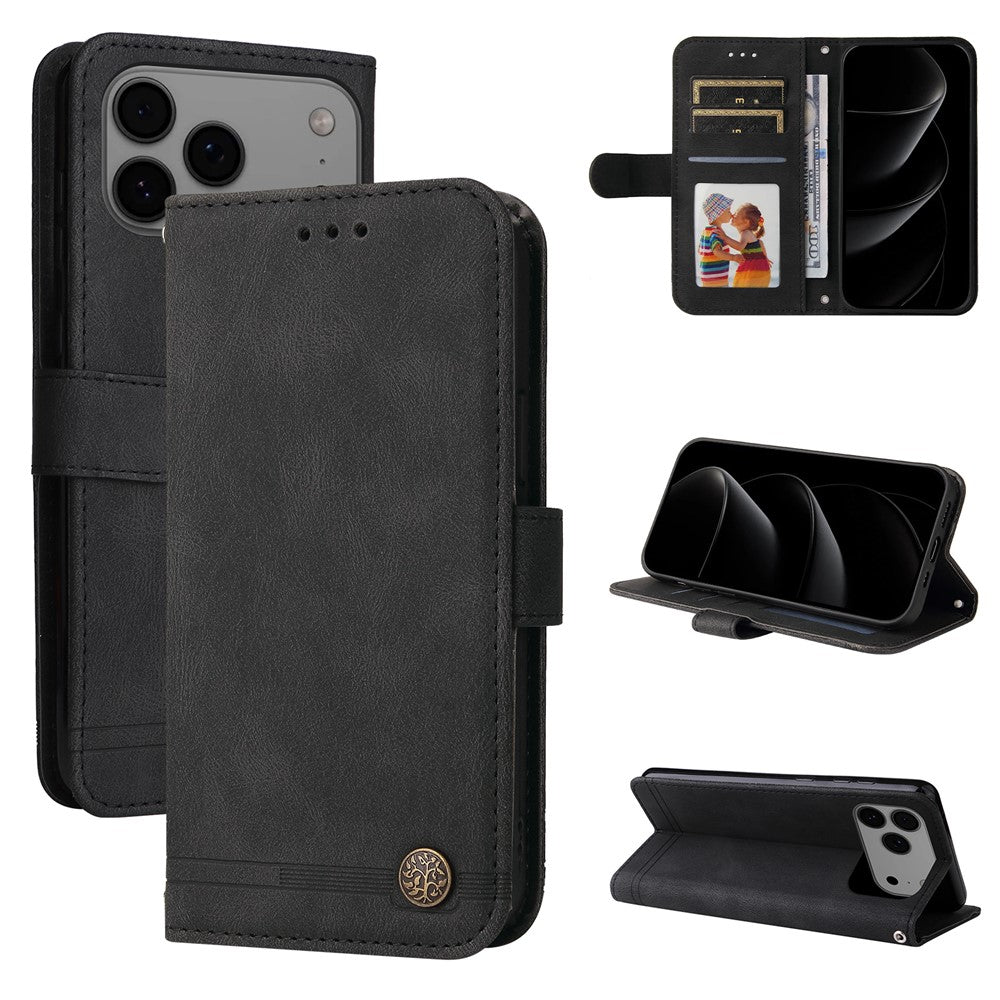 For iPhone 17 Pro Max Leather Wallet Cases Skin Touch Phone Cover Stand with Strap - Black