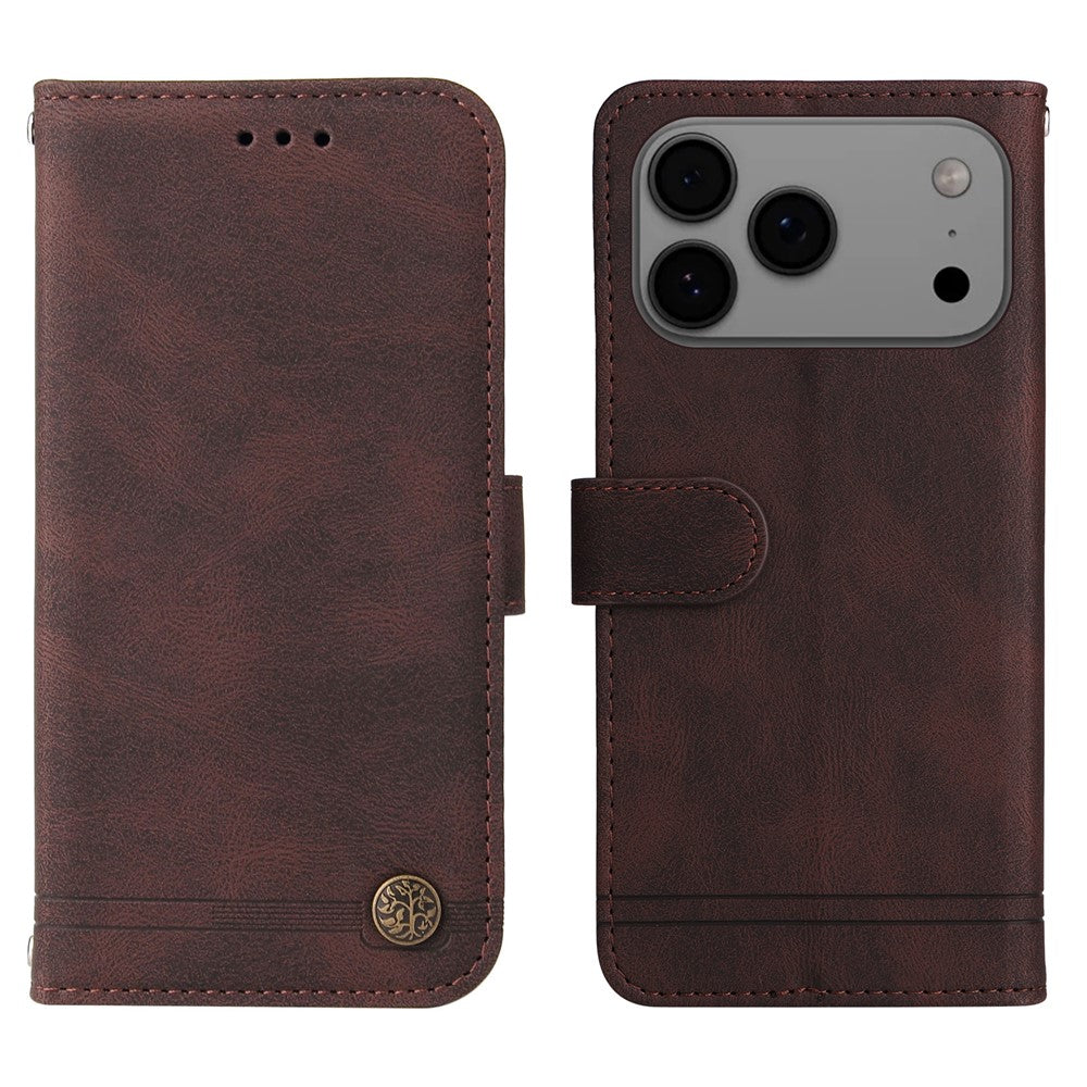 For iPhone 17 Pro Max Leather Wallet Cases Skin Touch Phone Cover Stand with Strap - Brown