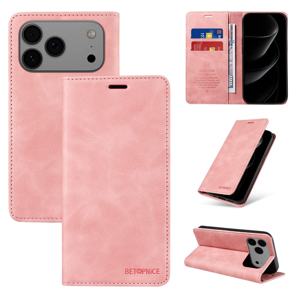 For iPhone 17 Pro Max Case BETOPNICE Magnetic Closure RFID Blocking Wallet Stand Leather Phone Cover - Pink