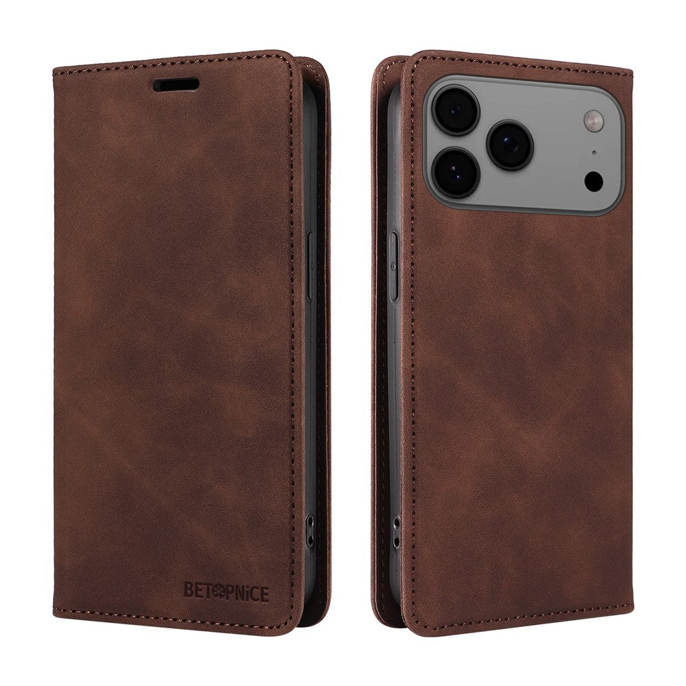 For iPhone 17 Pro Max Case BETOPNICE Magnetic Closure RFID Blocking Wallet Stand Leather Phone Cover - Brown