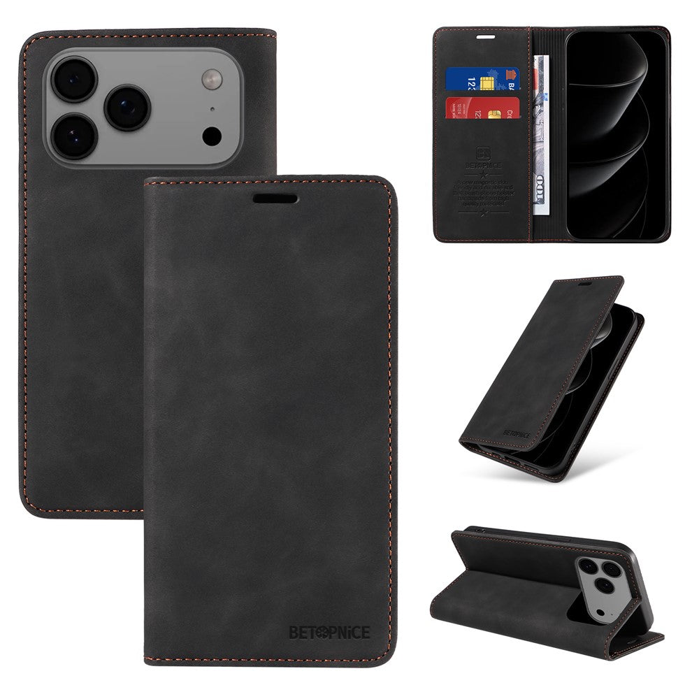For iPhone 17 Pro Max Case BETOPNICE Magnetic Closure RFID Blocking Wallet Stand Leather Phone Cover - Black