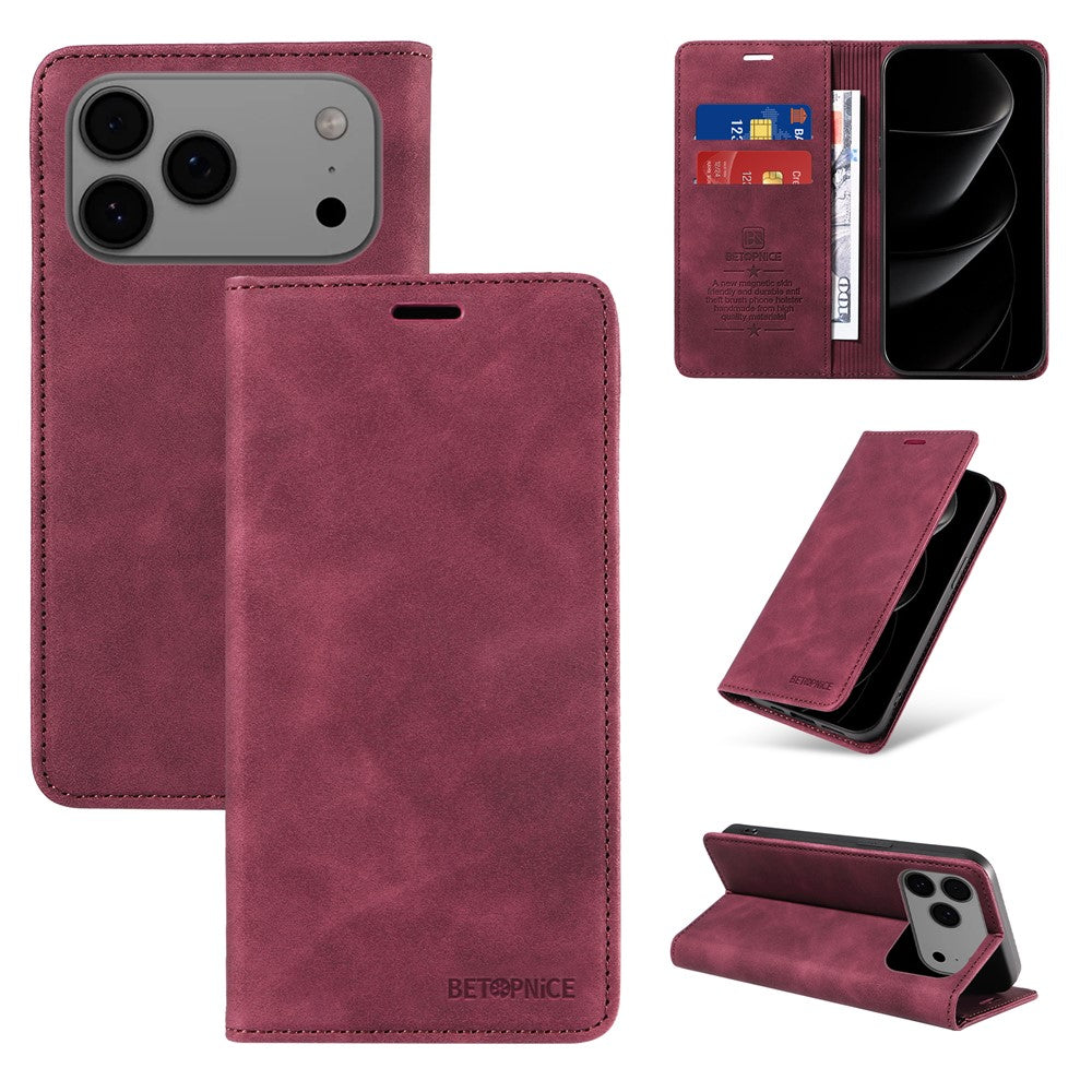 For iPhone 17 Pro Max Case BETOPNICE Magnetic Closure RFID Blocking Wallet Stand Leather Phone Cover - Red