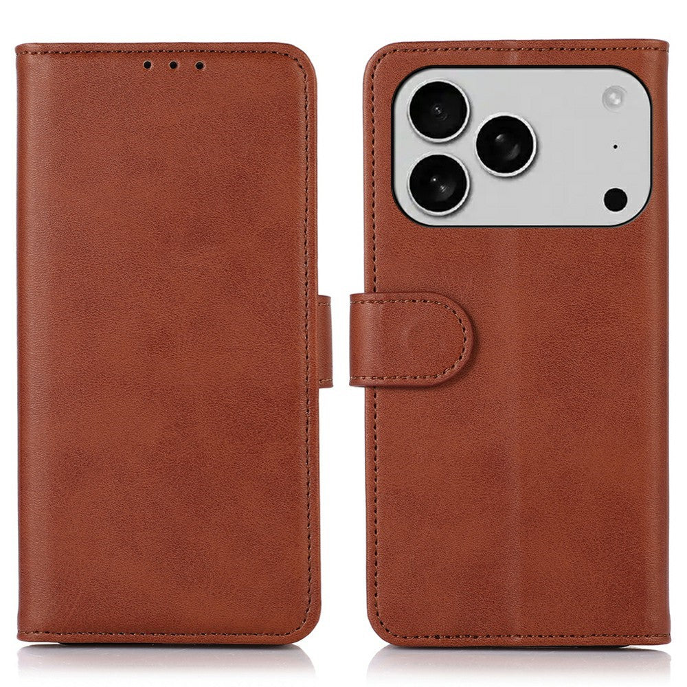 For iPhone 17 Pro Max Case Cowhide Texture Leather Wallet Phone Cover with Stand - Brown