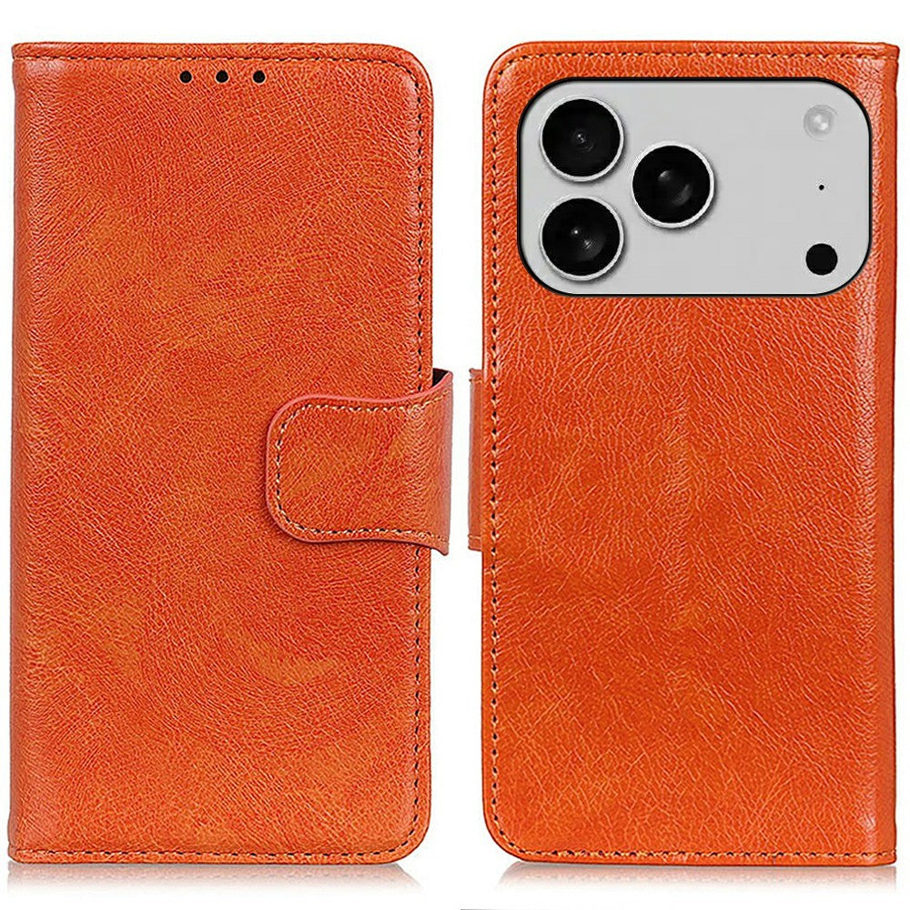 For iPhone 17 Pro Max Case Nappa Texture Split Leather Wallet Phone Cover - Orange
