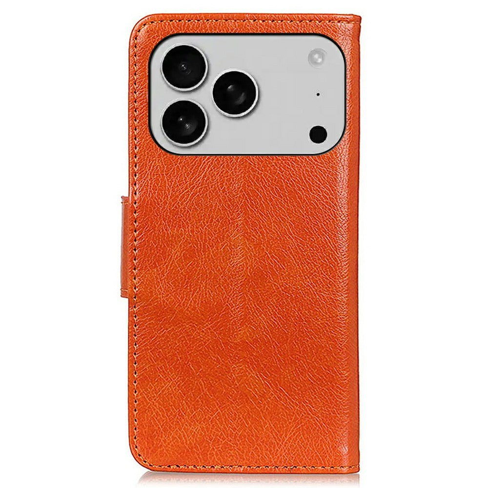 For iPhone 17 Pro Max Case Nappa Texture Split Leather Wallet Phone Cover - Orange