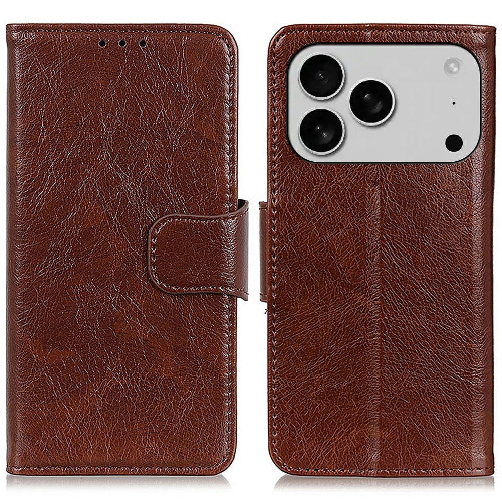 For iPhone 17 Pro Max Case Nappa Texture Split Leather Wallet Phone Cover - Brown