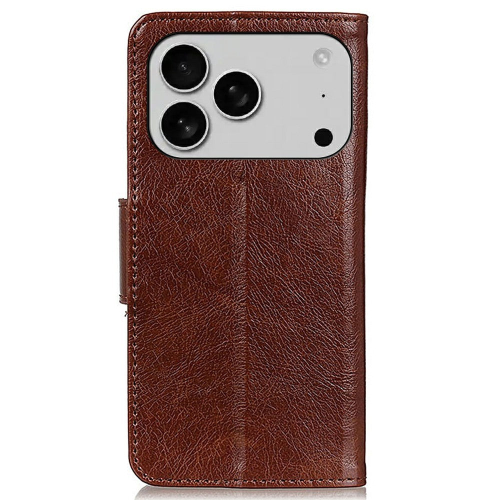 For iPhone 17 Pro Max Case Nappa Texture Split Leather Wallet Phone Cover - Brown