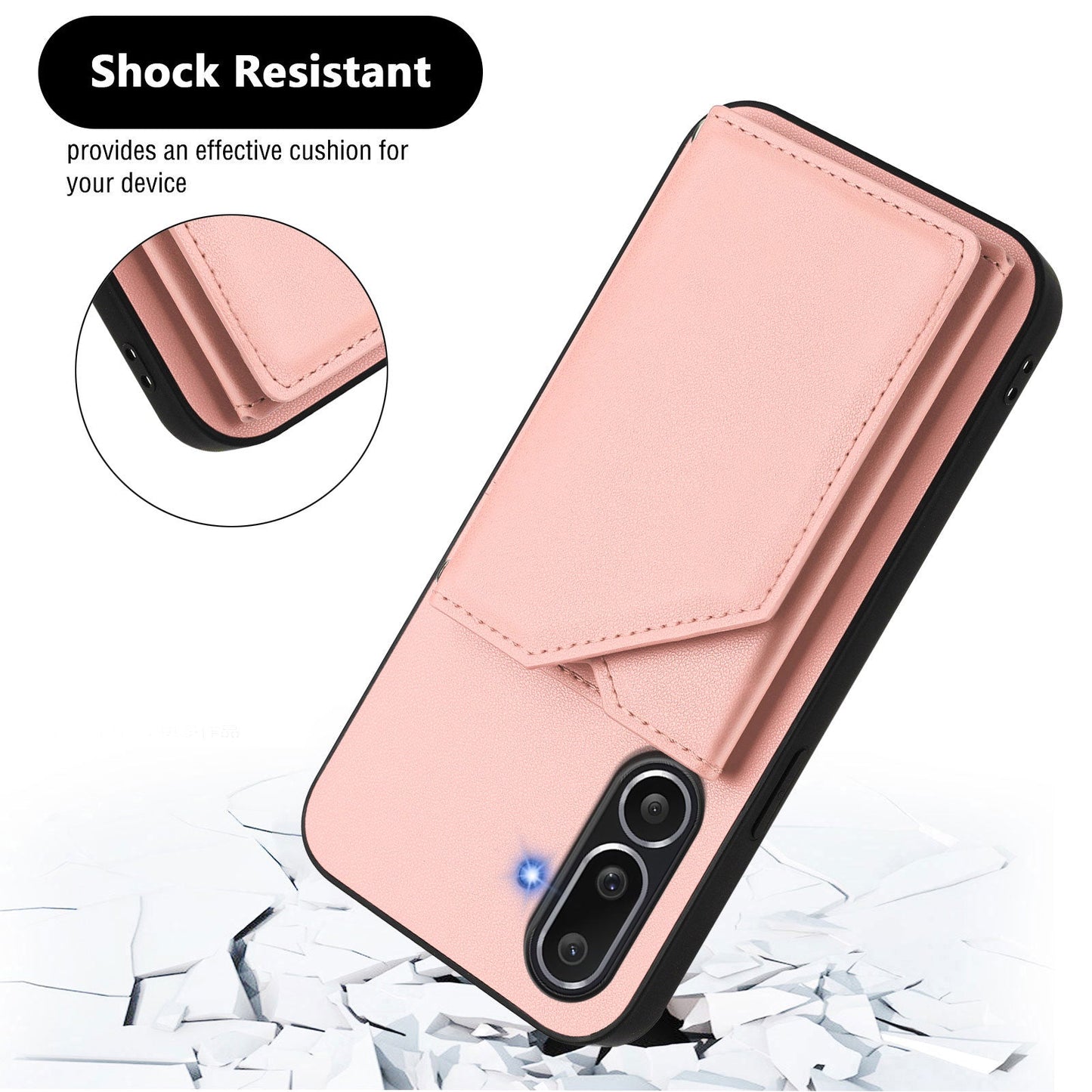 For Samsung Galaxy M56 5G Case Card Holder Kickstand Skin-Touch Phone Cover with Wrist Strap - Pink