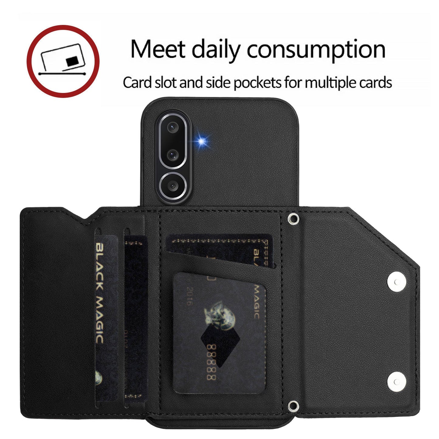 For Samsung Galaxy M56 5G Case Card Holder Kickstand Skin-Touch Phone Cover with Wrist Strap - Black