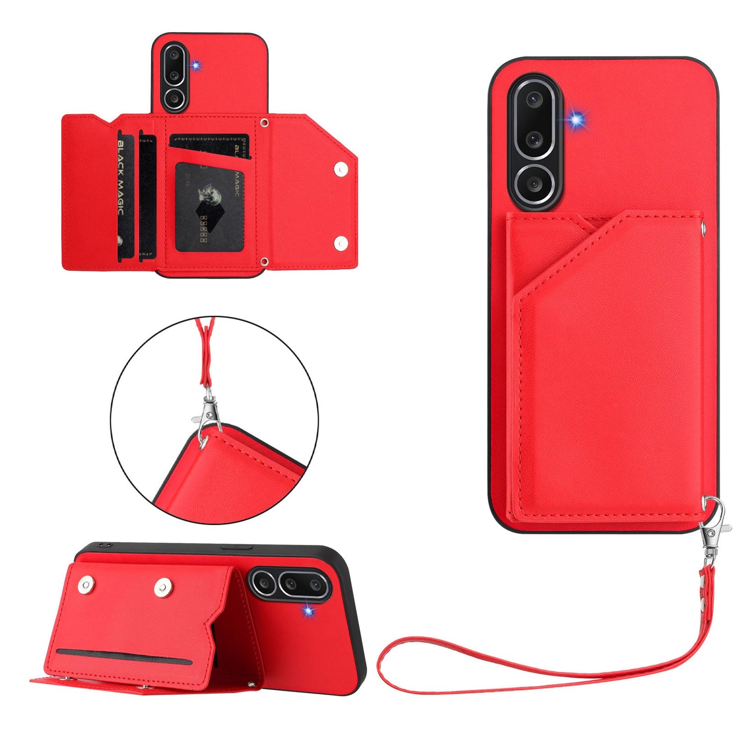 For Samsung Galaxy M56 5G Case Card Holder Kickstand Skin-Touch Phone Cover with Wrist Strap - Red