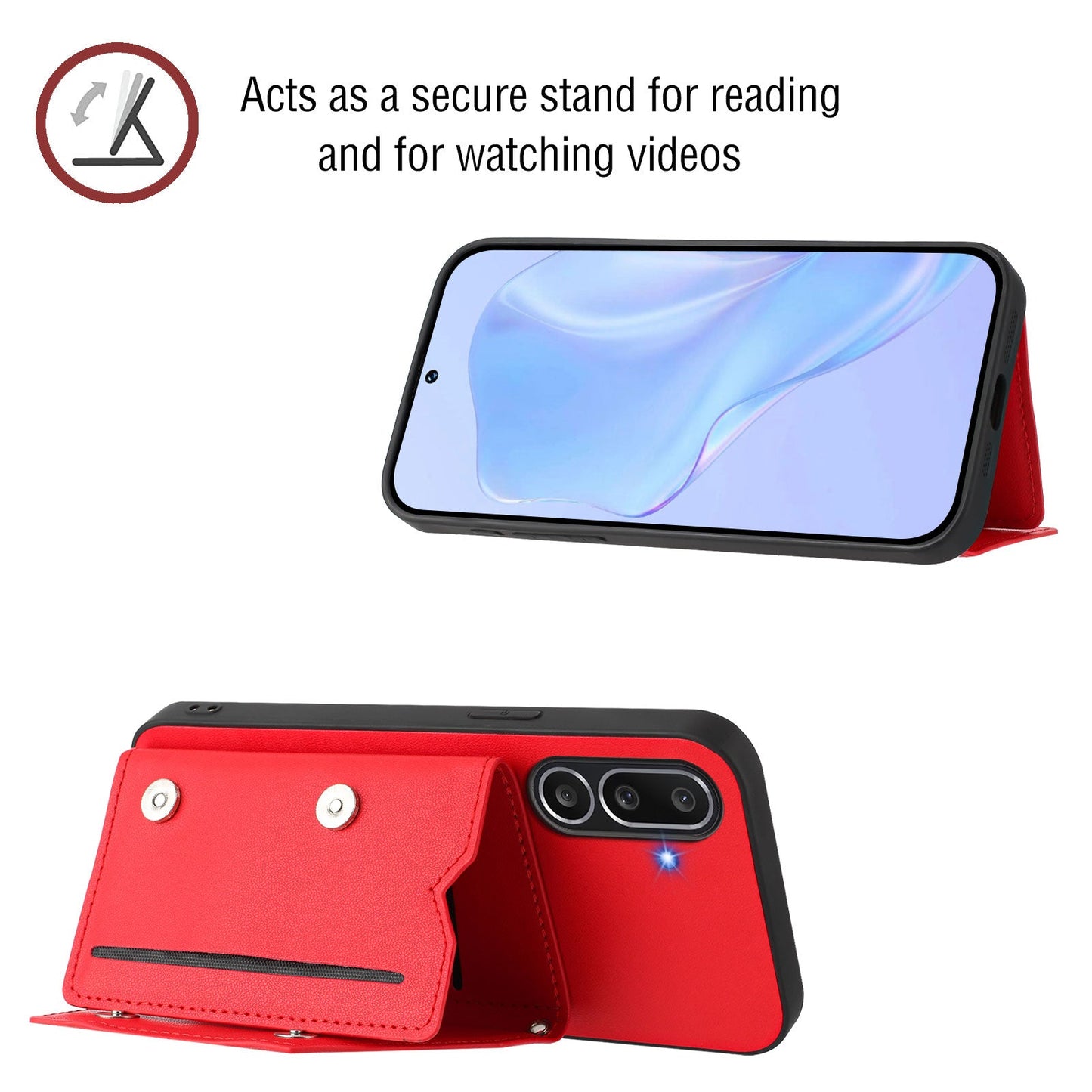 For Samsung Galaxy M56 5G Case Card Holder Kickstand Skin-Touch Phone Cover with Wrist Strap - Red