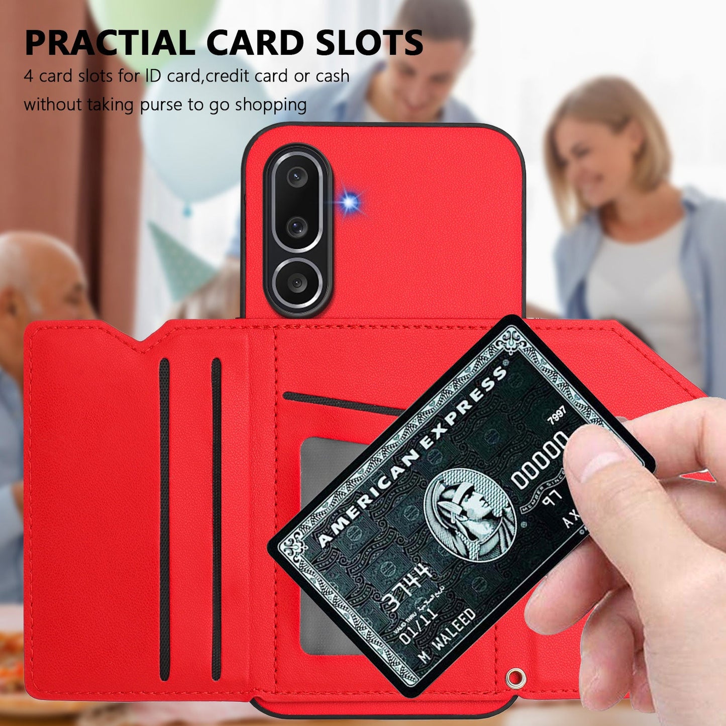 For Samsung Galaxy M56 5G Case Card Holder Kickstand Skin-Touch Phone Cover with Wrist Strap - Red